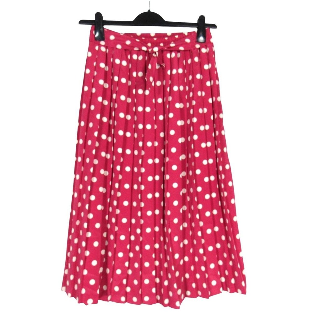 Vtg LESLIE FAY Pink Polka Dot Pleated Elastic Waist Tie Belt A-Line SKIRT Sz 10